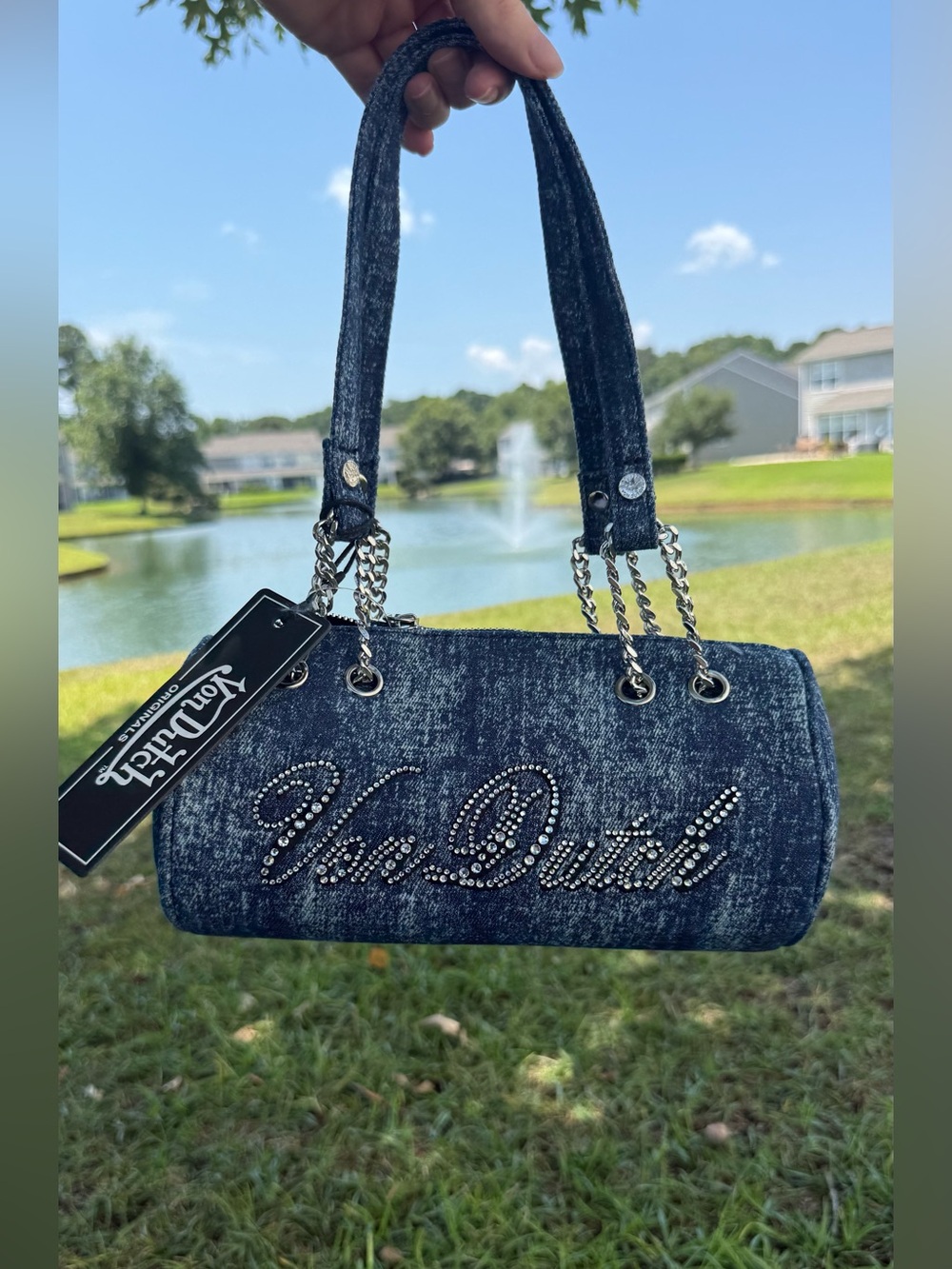 Von Dutch Dark Denim Crystal Logo Barrel Bag with Chain Straps